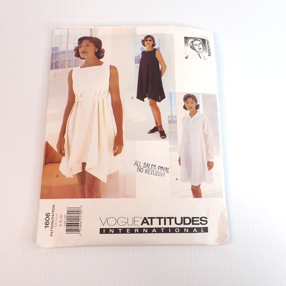 Vtg Vogue Betty Jackson Attitudes Dress Sewing Pattern 1606 SZ 6 8 10 UNCUT FF